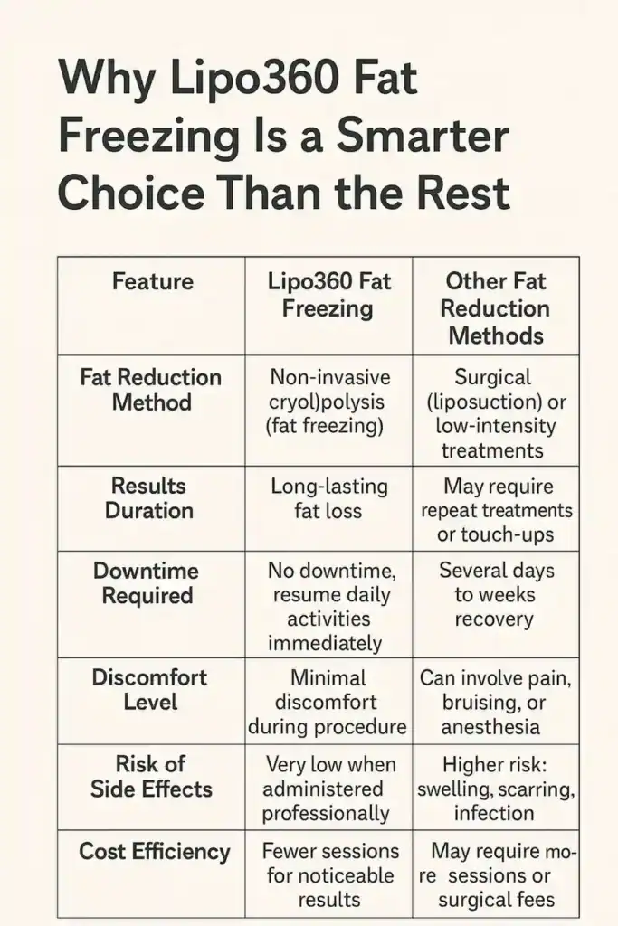 Is it possible to permanently freeze fat cells? 2 Table showing benefits of fat freezing to remove fat cells Walton-on-Thames from Lipo 360