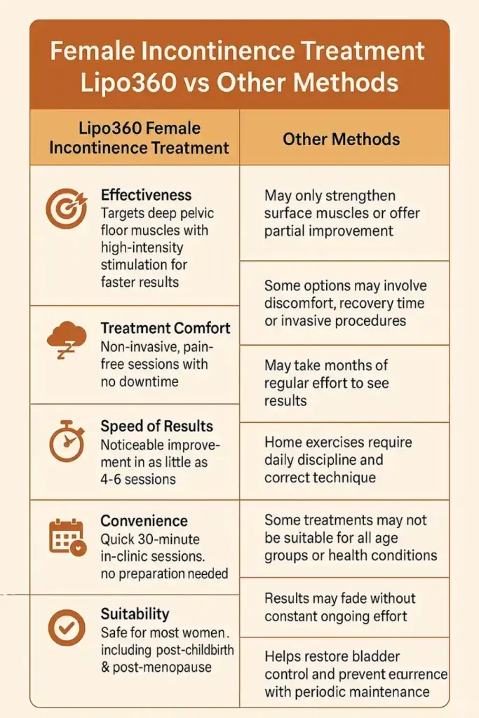 Table showing benefits of incontinence treatment Walton-on-Thames
