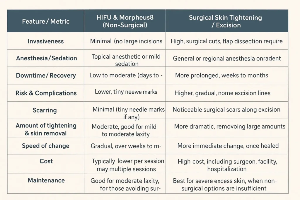 Table of skin tightening Walton-on-Thames benefits compared to surgical options